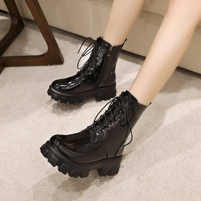 Women Boots Patent Leather Platform Shoes Brand Ankle Fashion High Heel Boots Women Autumn Winter Warm Platform Boots Black Red
