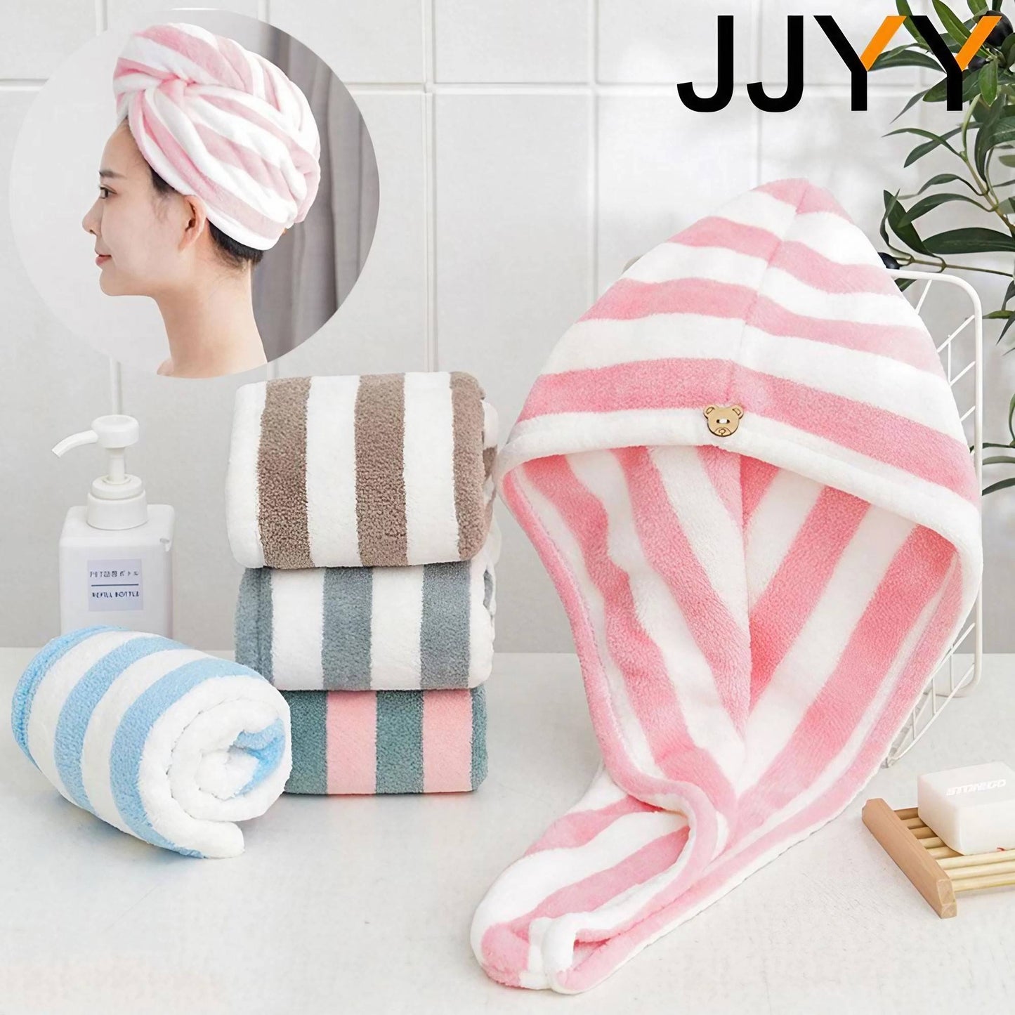 JJYY Towel Bathroom Absorbent Women Adult Quick-Drying Bath Thicker Shower Long Curly Hair Cap Dry Head Hair Towel Microfiber