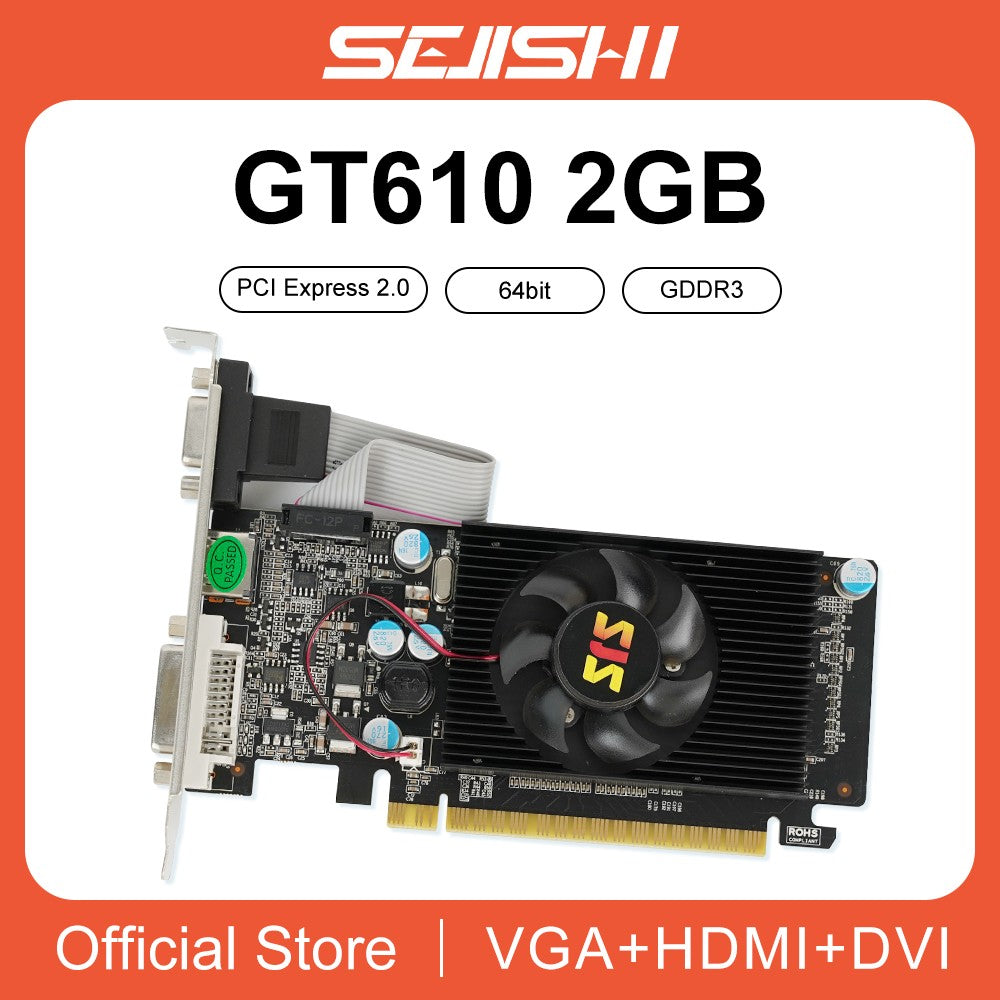 SJS Placa de Vídeo GeForce GT610 Placas VGA 2GB DDR3 64Bit Placas Gráficas Para NVIDIA Game PC GT 610 2GD3 HDMI DVI VGA PCI-E2