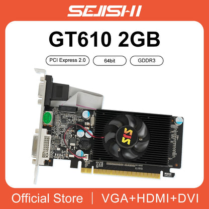 SJS Placa de Vídeo GeForce GT610 Placas VGA 2GB DDR3 64Bit Placas Gráficas Para NVIDIA Game PC GT 610 2GD3 HDMI DVI VGA PCI-E2