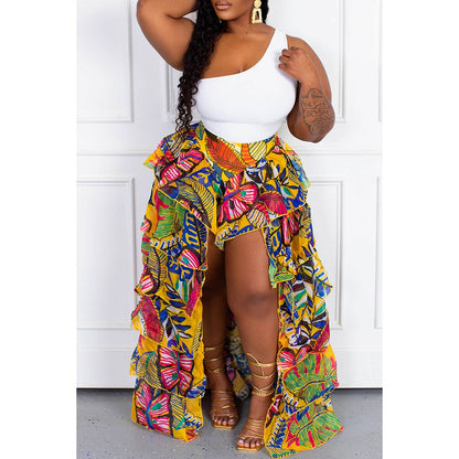Plus size women's bohemian style full print ruffle irregular hem layered summer beach skirt