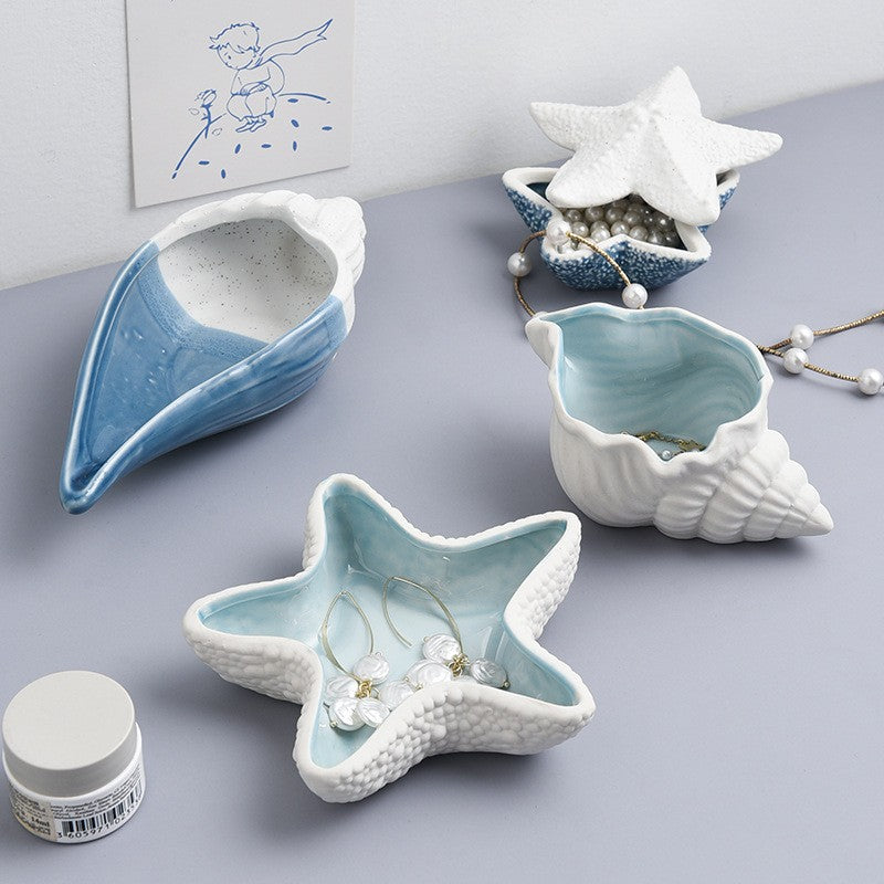Mediterranean Ceramic Shell Ornaments Living Room Decorations Ocean Jewelry Box Multi-Functional Storage Accessories