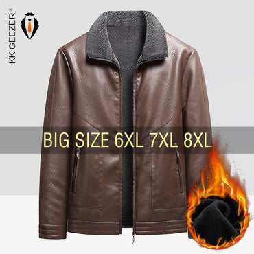 Leather Jacket Men Coats Autumn Fur Collar Luxury Fleece Black Oversized  6XL 7XL 8XL Plus Size Warm Winter Comfort High Quality