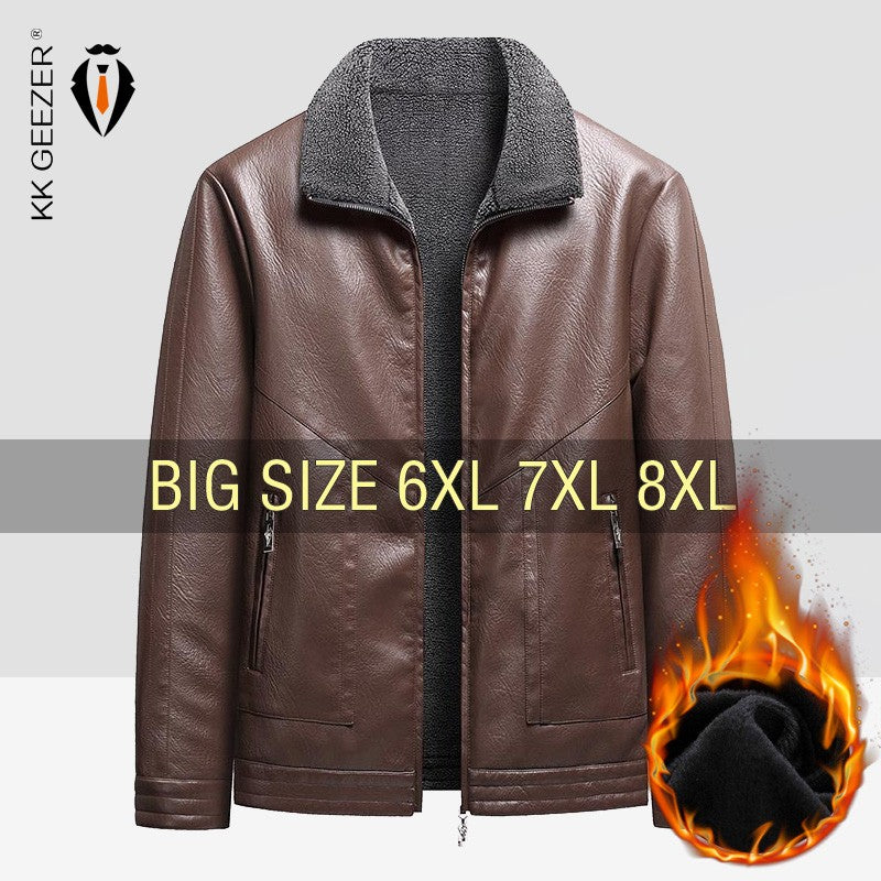 Leather Jacket Men Coats Autumn Fur Collar Luxury Fleece Black Oversized  6XL 7XL 8XL Plus Size Warm Winter Comfort High Quality