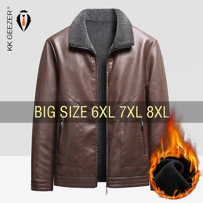 Leather Jacket Men Coats Autumn Fur Collar Luxury Fleece Black Oversized  6XL 7XL 8XL Plus Size Warm Winter Comfort High Quality