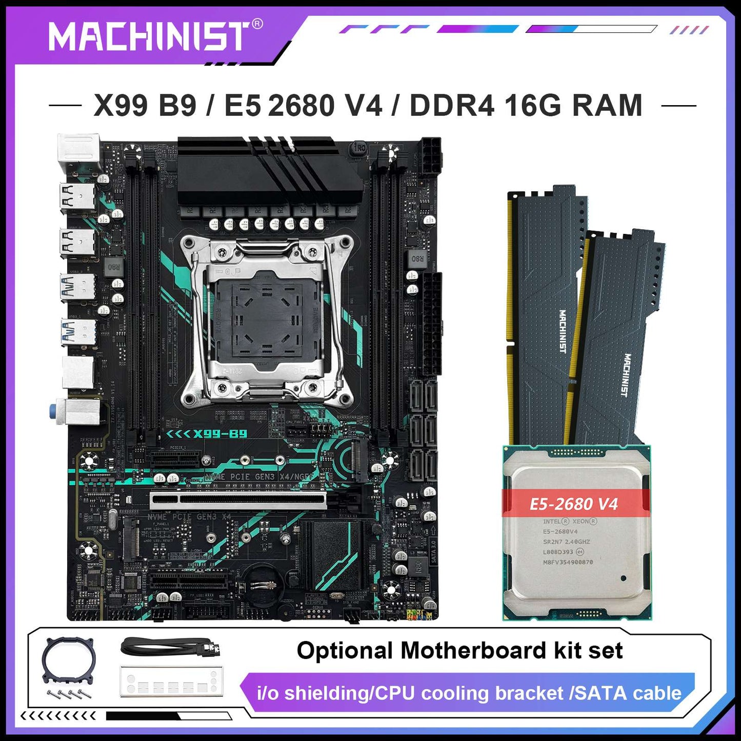 Placa-mãe MACHINIST X99 B9 chip C612 Opcional combo de CPU Processador Xeon E5 2680 V4 LGA 2011-3 e kit de RAM DDR4 de 16 GB USB3.0