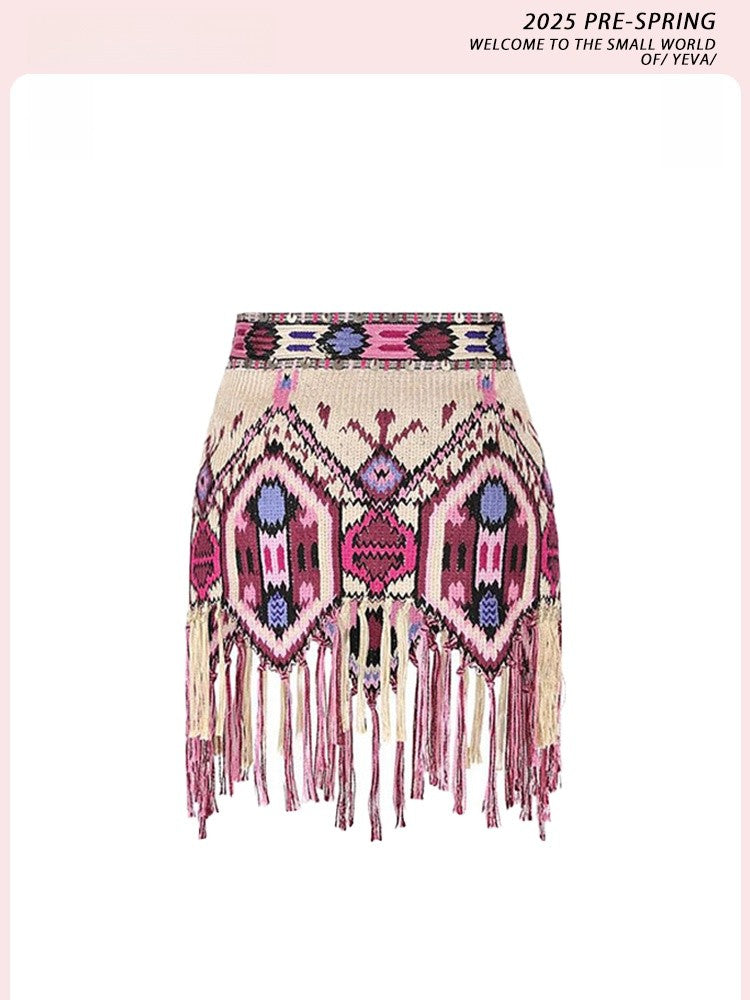 Yeova Women's High Waist Tassel Skirt National Sle Diamond Pattern Asymmetrical Wrap around  Skirt Summer Casual