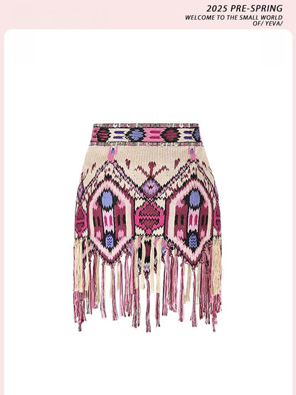 Yeova Women's High Waist Tassel Skirt National Sle Diamond Pattern Asymmetrical Wrap around  Skirt Summer Casual