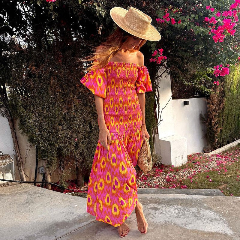 Women Summer Party Holiday Lady Streetwears Print Ruffle Pleated Long Dress Fash