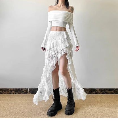 Sexy High Waist Lace Ruffles Skirts Women 2025 Spring Irregular Y2k Skirts Women Fashion Black Patchwork Party Clubwear Gothic