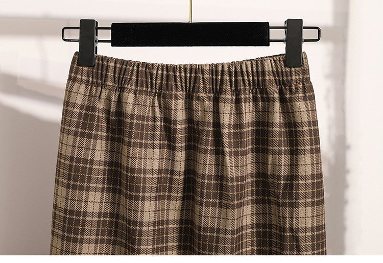 Plus Size Skirt Women 2024 Autumn Winter High Elastic Waist A Line Gray Or Khaki Plaid Skirt Korean Casual Long Skirts Womens