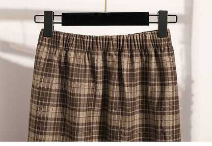 Plus Size Skirt Women 2024 Autumn Winter High Elastic Waist A Line Gray Or Khaki Plaid Skirt Korean Casual Long Skirts Womens