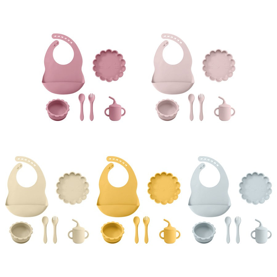 Color Kids Baby Feeding Set Solid Color Utensils Waterproof Bib Cartoon Lion Shape Sucker Dishes Plate Feeding Bowl Spoon Cup