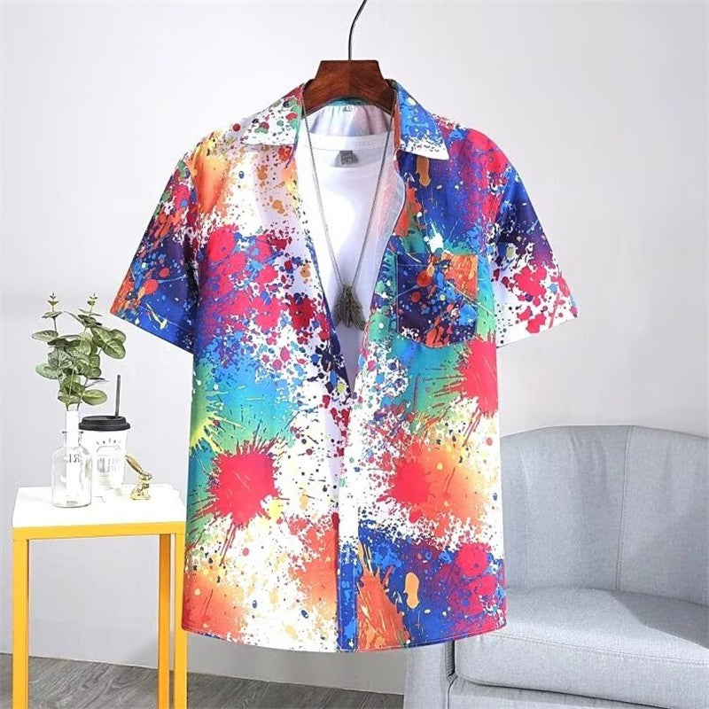 Y2K Men Oversize Street Fashion Summer Daily Shirt Hawaiian Splash-ink Print Casual Loose Short Sleeve Beach Shirts For Man Tops