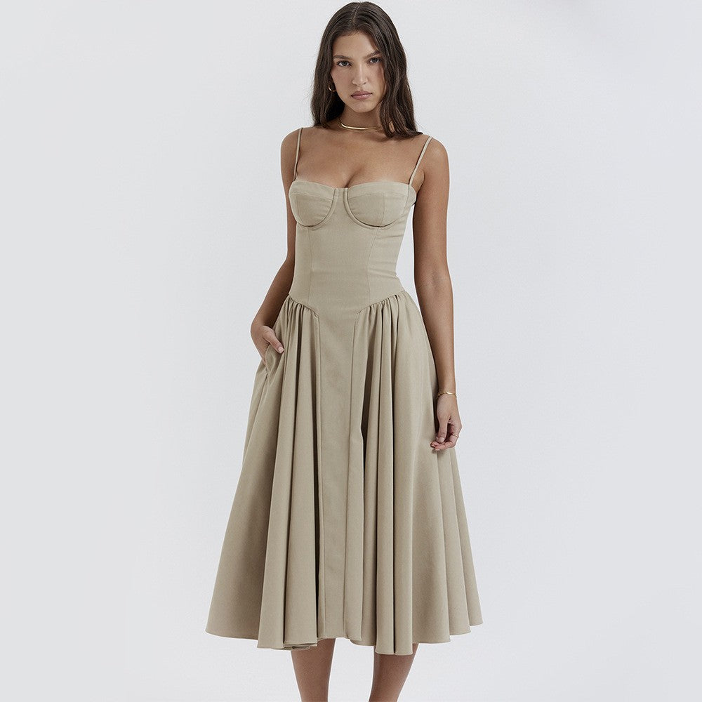 Summer Women Elegant Sleeveless Backless Pleated Dresses Lady Sexy Solid Sling M