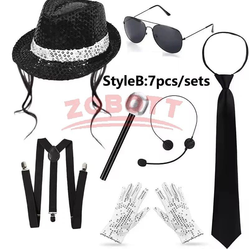 Disco Stage Performance Sequin Hat Tie Glove Set Michael Jackson Cosplay Style Sparkly Costume For Dance Party Halloween Gift