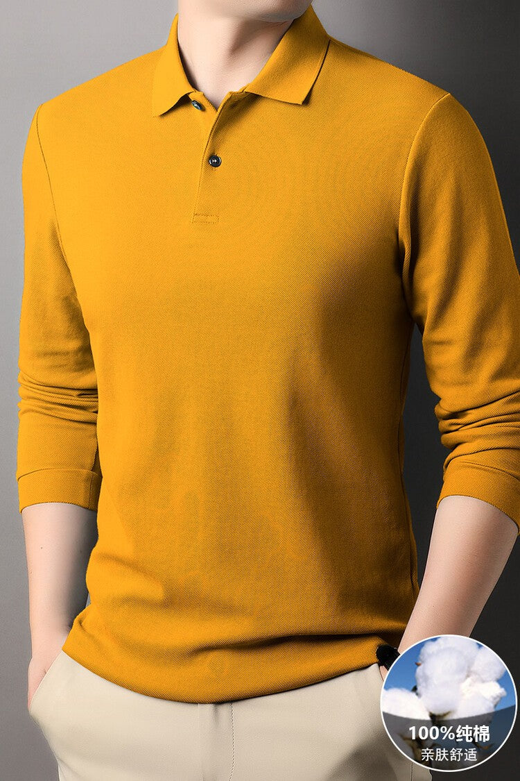 Durable 100% Cotton Men Polo Shirt,Autumn Leisure Long Sleeve, Breathable Lapels T-shirt, 16 Colors, Perfect for Golf and Sports