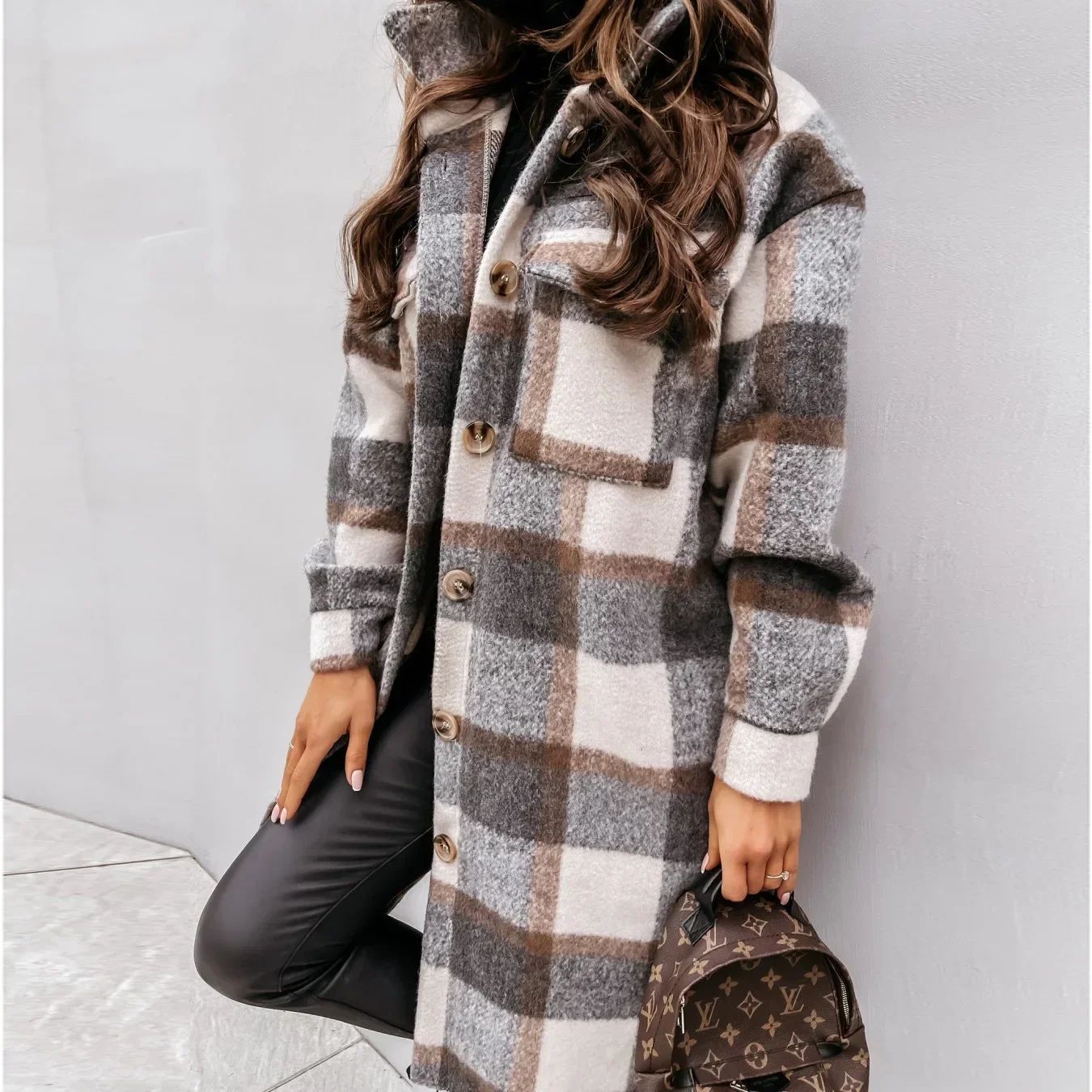 Single Breasted Trench Coat Fashion Long Autumn Winter Women's Clothing Long Sleeve Woolen Plaid Overcoat Coat