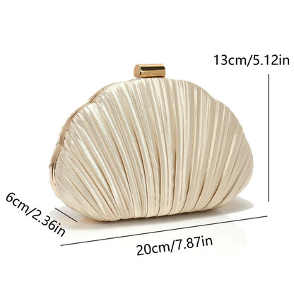 Shell Design Ruched Women Evening Bags Apricot Color Glitter Satin Luxury Party Dress Clutch Bags With Shoulder Chain Messenger