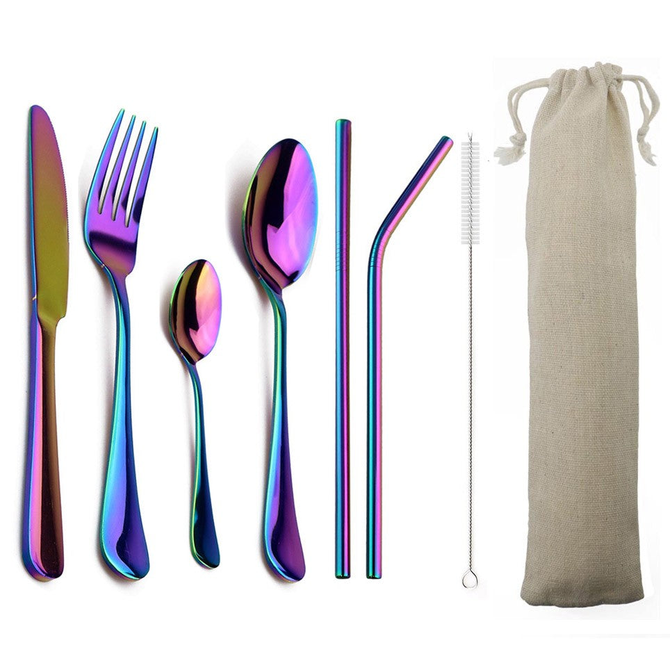 Conjunto de Louça Azul de 4 Peças com 2 Canudos de Metal Aço Inoxidável Talheres Coloridos Faca Garfo Colher de Chá Talheres de Prata