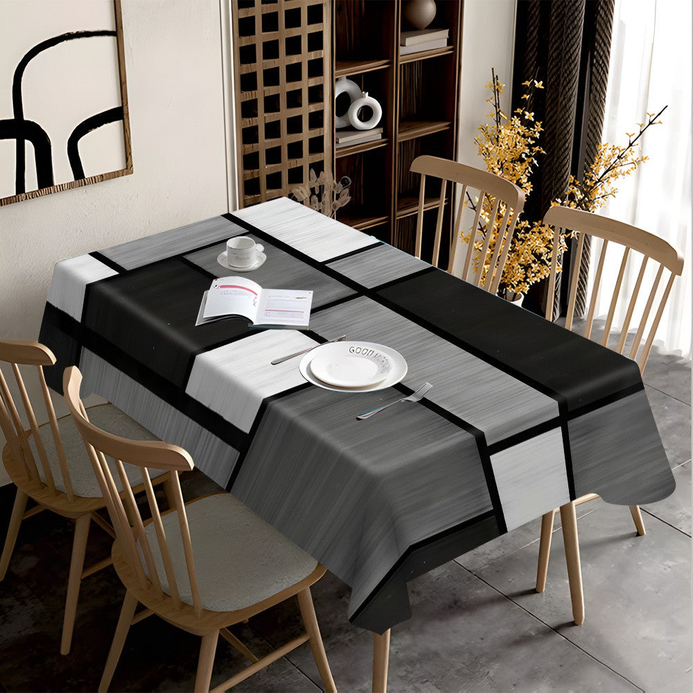 Elegant Black and White Geometric Print Tablecloth - Rectangular Polyester Dining Table Cover for Festive Party Decor