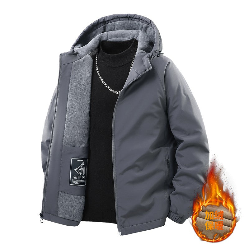 Jaqueta de Pesca Masculina Externa Capuz Larga Forro Polar Grosso Casaco Outono Inverno Jaqueta Casual Simples Versátil Casaco Acolchoado de Algodão