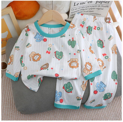 Kids Boys Girls Summer Cotton Thin Pajamas Cute Cartoon Print Long Sleeve T-shirt Tops+Pants Baby Clothing Sets