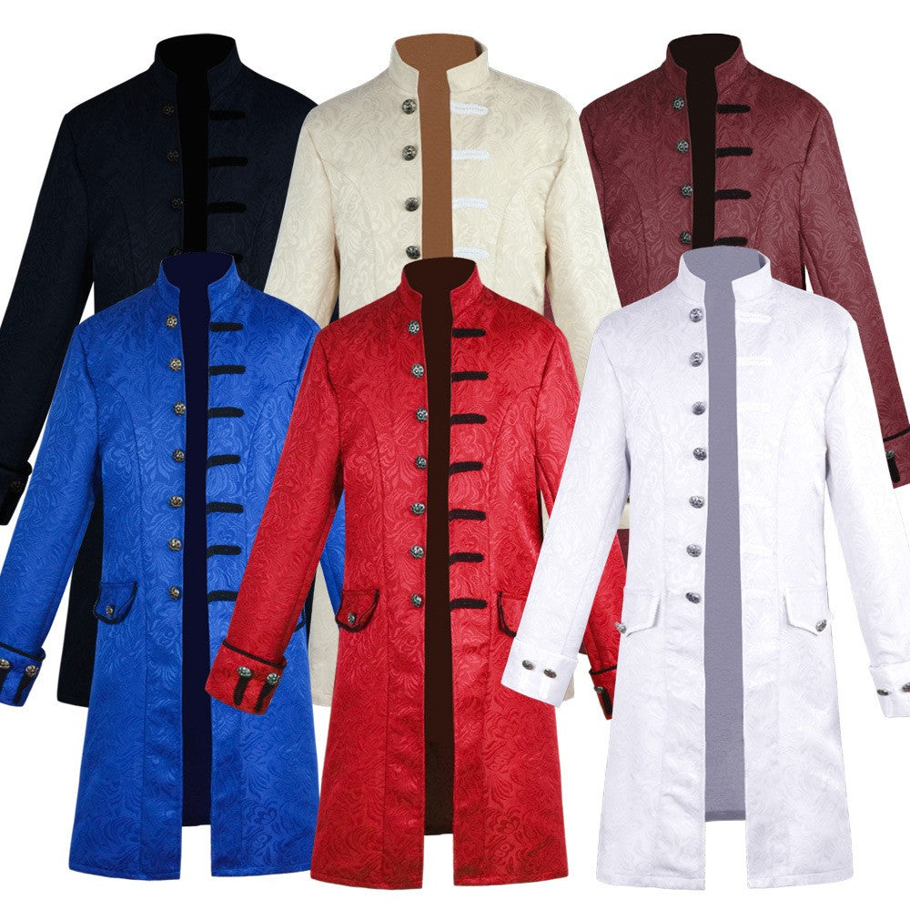 Men's Medieval Style Windbreaker Coat Vintage Lapel Jacquard Medium Length Trench Coat Halloween Party Costume Retro Outerwear