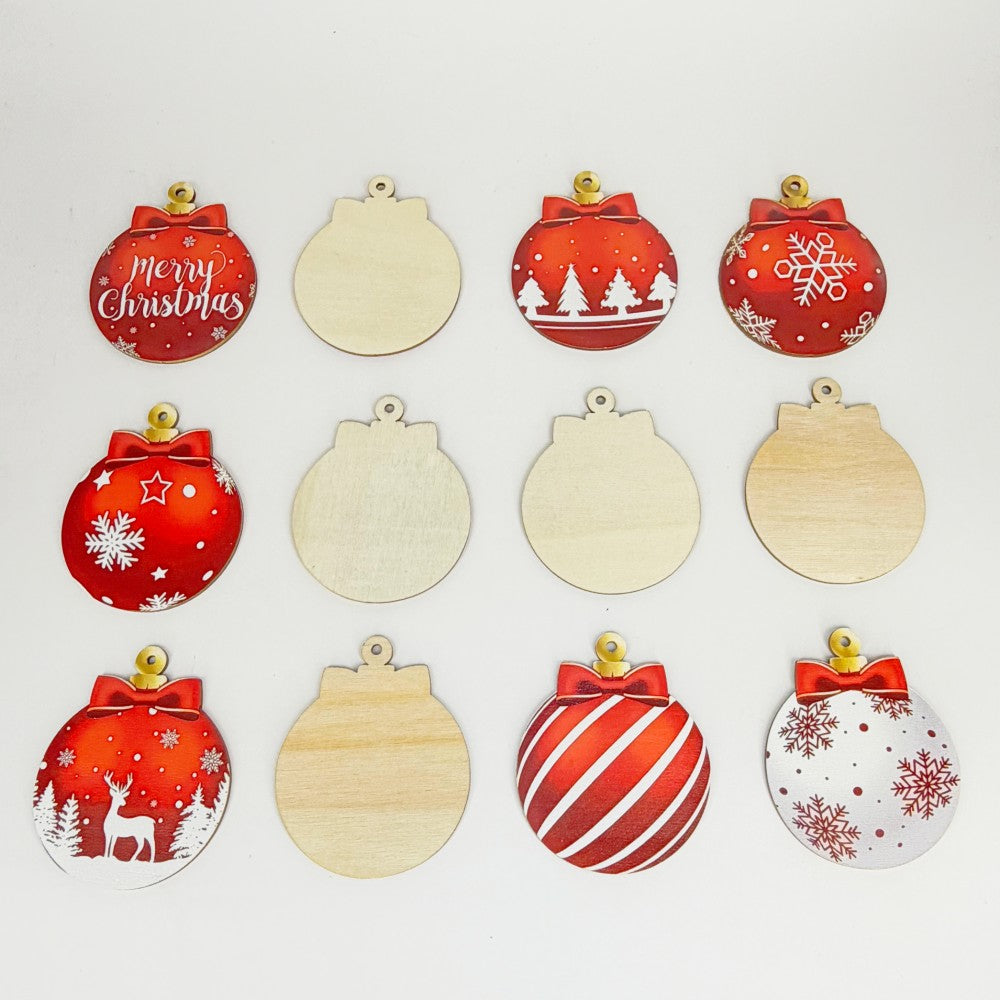 12pcs/set Red and White Wooden Christmas Ball Ornament, Elk Snowflake Pattern Christmas Party Hanging Decoration Supplies Winter