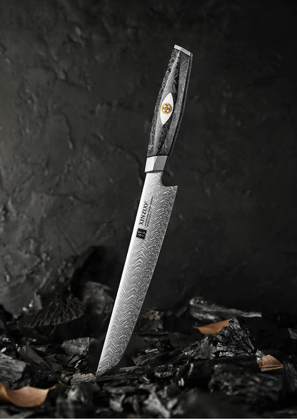XINZUO 8.46-inch Damascus Carving Knife 145-layer M390 steel 60-62HRC carbon fiber handle 6.0-8.0N sharpness rust-resistant