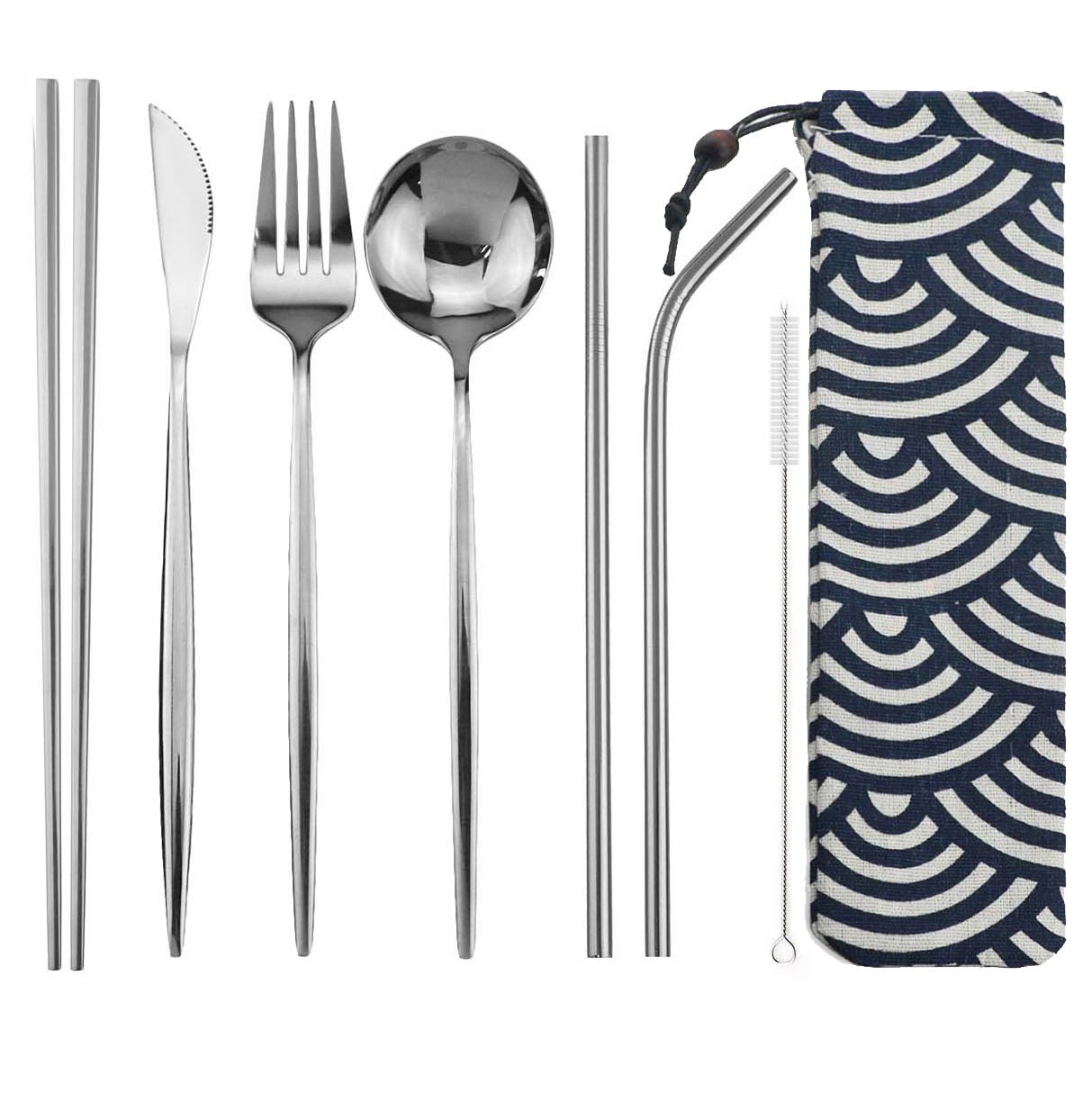 8pcs Portable Travel Knife Fork Spoon Chopsticks Straw Dinneware Set Blue Cutlery Set 304 Stainless Steel Silverware with Pouch