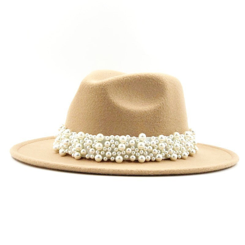Chapéu Fedora De Lã Feminino Masculino Com Fita De Pérolas Cavalheiro Elegante Senhora Inverno Outono Aba Larga Igreja Panamá Sombrero Boné De Jazz 60CM