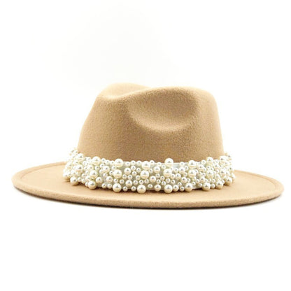 Chapéu Fedora De Lã Feminino Masculino Com Fita De Pérolas Cavalheiro Elegante Senhora Inverno Outono Aba Larga Igreja Panamá Sombrero Boné De Jazz 60CM