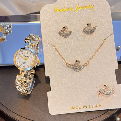 4-Piece Set Pearl Watch Chain Arabic Numeral Quartz Watch Large Pearl Necklace Diamond-Encrusted Ring And Earrings Jewelry Gift