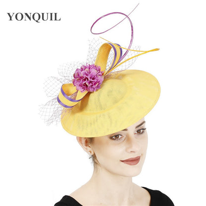 Novo Design Amarelo Com Cabelo Roxo Fascinator Chapéu Tiara Nupcial Casamento Festa Adereço de Cabelo Malha Senhoras Ocasião Acessórios de Cabelo
