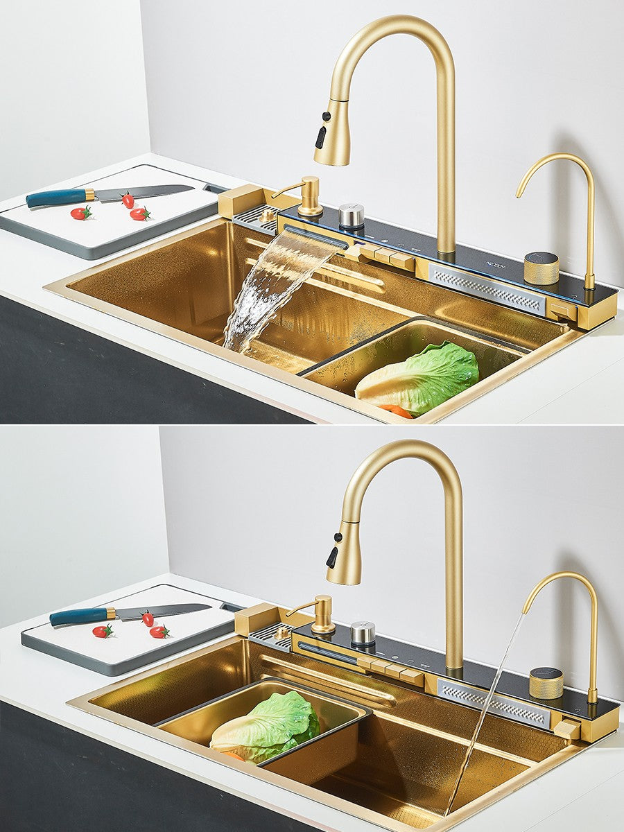 Large 304 Kitchen Sinks 75x45cm Stainless Steel Kitchen Waterfall Sink Digital Display Large Single Sink Dish Washer Faucet