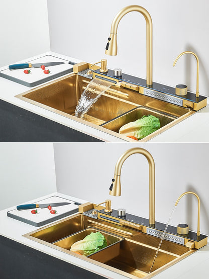 Large 304 Kitchen Sinks 75x45cm Stainless Steel Kitchen Waterfall Sink Digital Display Large Single Sink Dish Washer Faucet