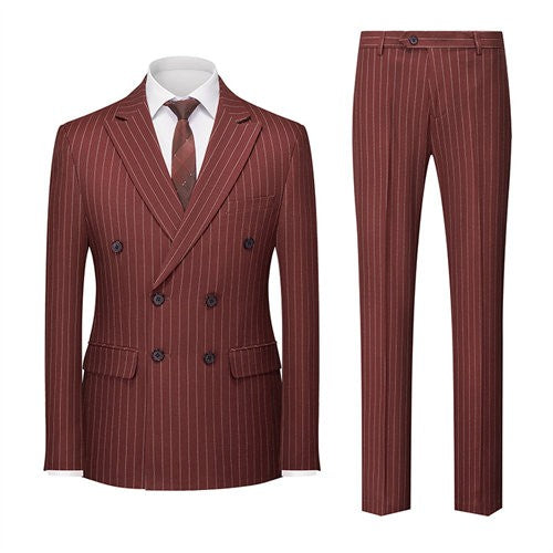 Blue Pinstripe Men's Double-breasted Suit Two-piece, Wedding/Party/Business Dress Jacket and Pants, Red Gray Male Sets M-4XL 5XL