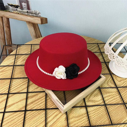 Chapéu Fedora Feminino Corrente Floral Alta Costura com Alfinetes de Pérola Boné em Relevo Preto Branco Outono Inverno Chapéu de Aba Larga para Meninas