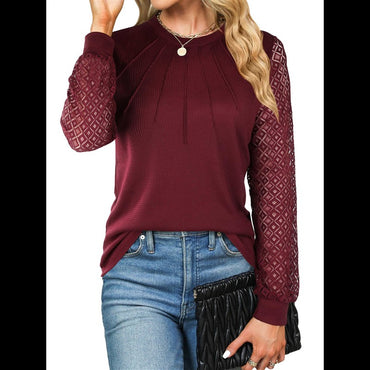 Women's Waffle Knit Tops Dressy Business Casual Blouses Lace Long Sleeve Work Shirts Fall Clothes Wine Red XL-A55G