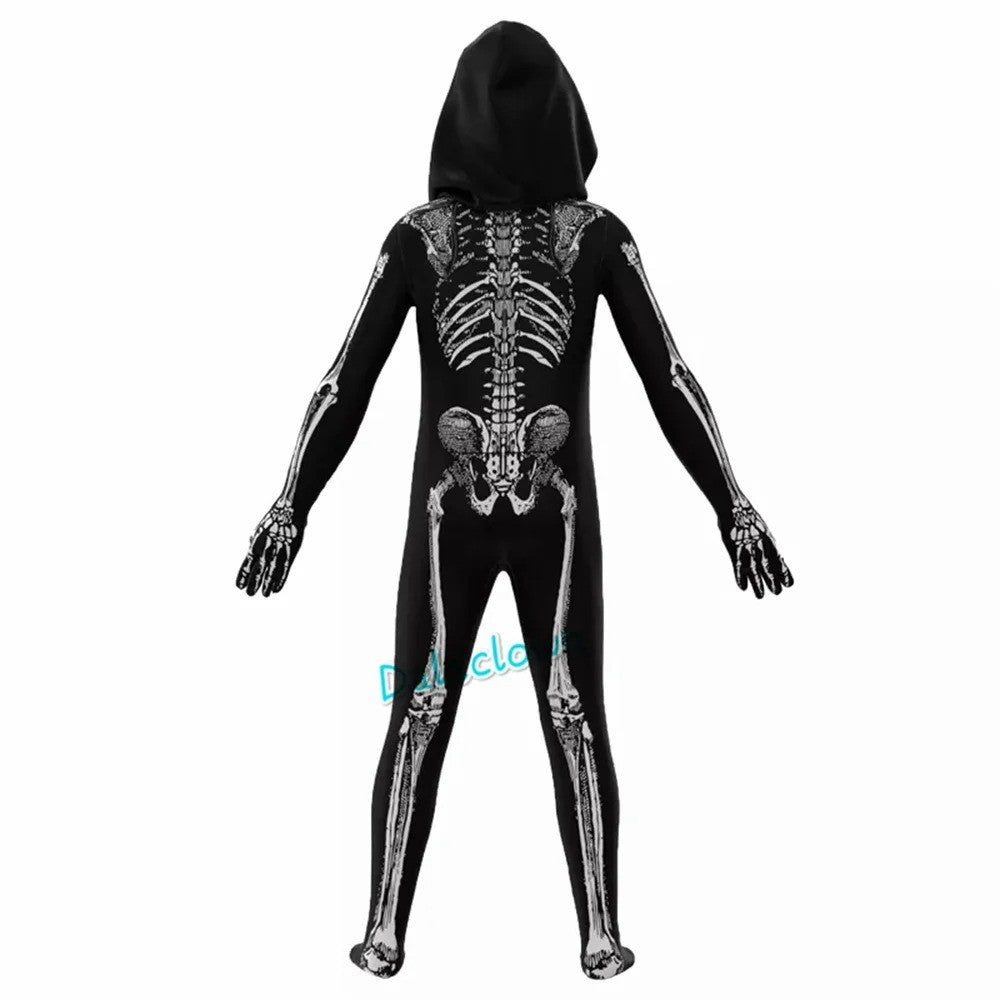 Child Skeleton Horror Hooded Costume Kids Grim Reaper Spooky Skeleton Bodysuit Jumpsuit Scary Halloween Party Role Play Costume