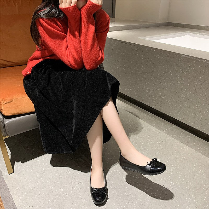 Comfortable Leather Version Flat Bottom Ballet Shoes Women's Slip-On French Butterfly Knot Versatile Easy Wear Casual Flats