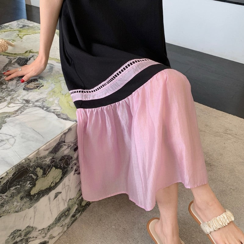NYFS 2025 Summer Dress Loose plus Size Black Patchwork Pink Hem Long Dresses Robe Elbise Short Sleeve Korean Style Woman Dress