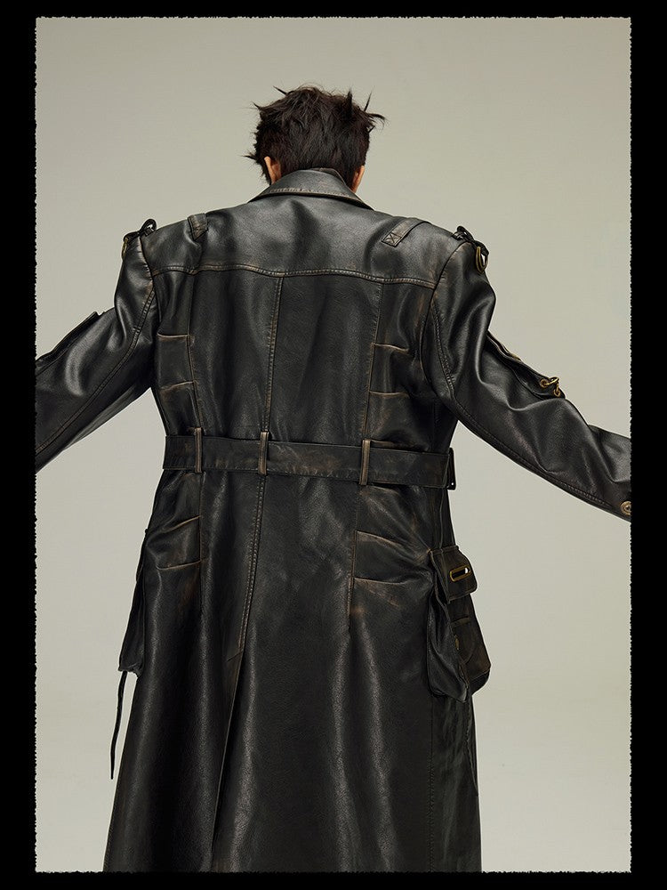 Mauroicardi Spring Autumn Long  Distressed Black Pu Leather Trench Coat Men Belt Double Breasted Luxury European Fashion 2023