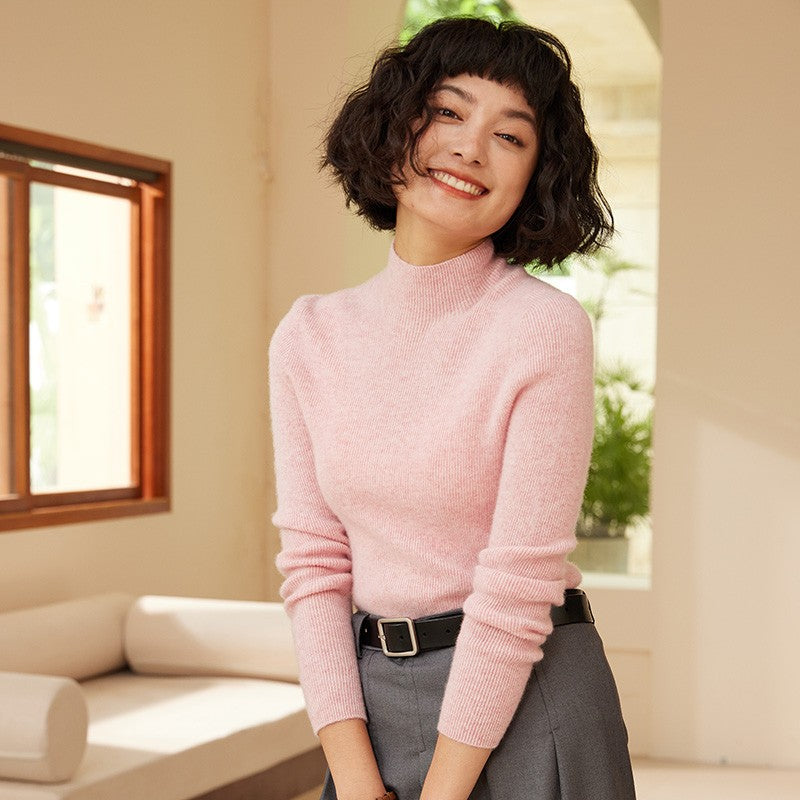 Autumn and winter new women's 100% pure cashmere semi high neck pullover sweater knitted slim fit hot selling women's top