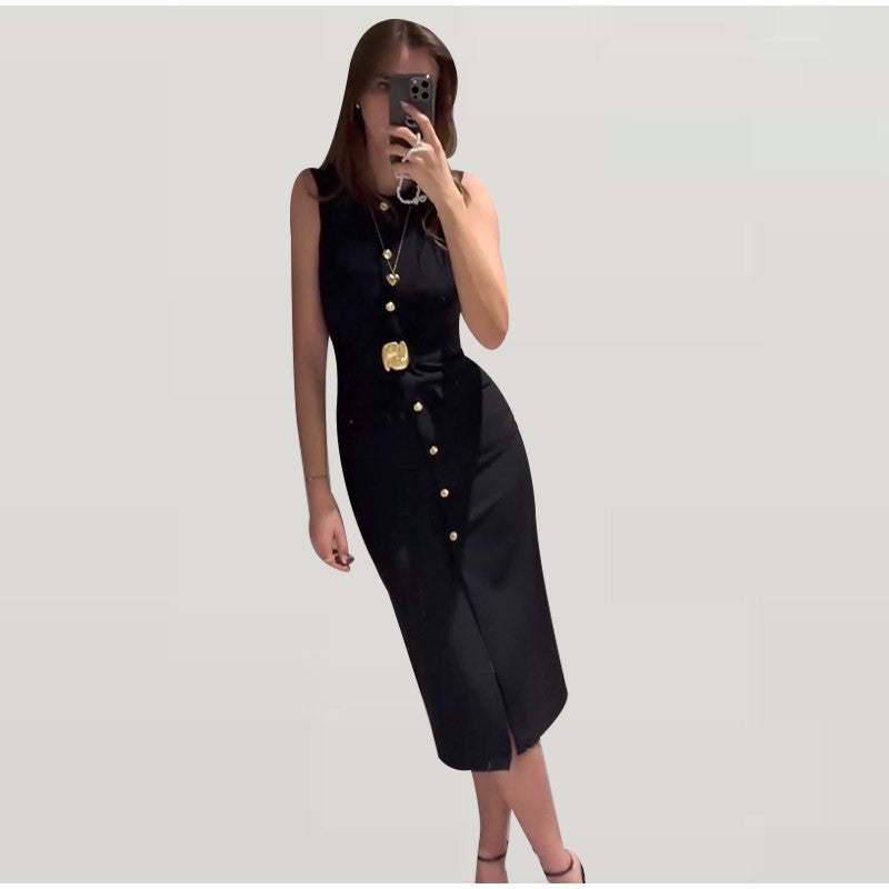 Elegant Midi Dress Woman O-neck Single Breasted Sleeveless Pocket Dresses Female