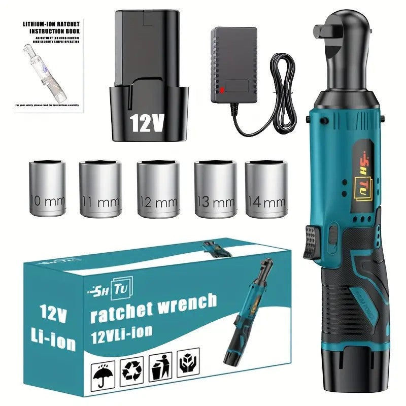 Conjunto de chave catraca elétrica sem fio, chave catraca elétrica sem escova, kit de catraca sem fio 12V, parafuso e porca para reparo automotivo