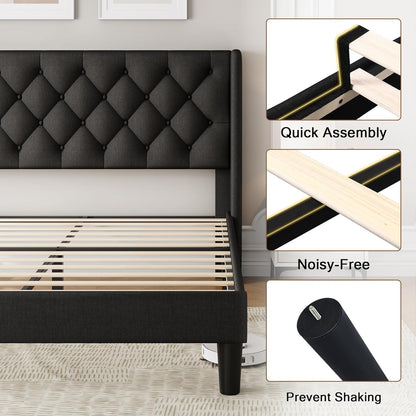Queen Size Upholstered Bed Frame with Wingback Headboard, Fabric Linen Platform Bed, 8" Under Bed Storage, Wooden and Me