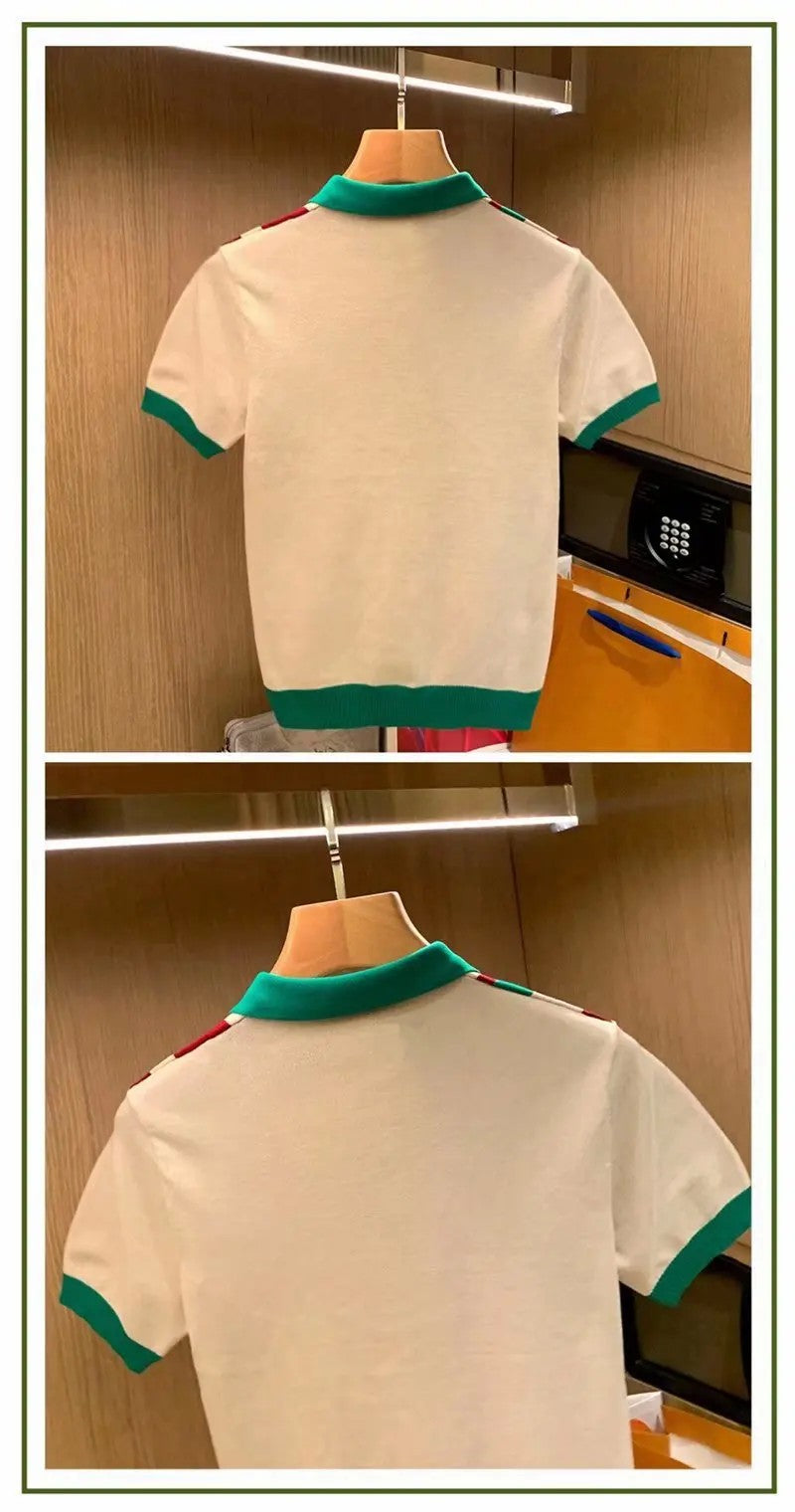 British Luxury Men's Fashion Slim Fit Knit Polo Shirt Casual Style Vertical Stripe Color Block Short Sleeves Sweater