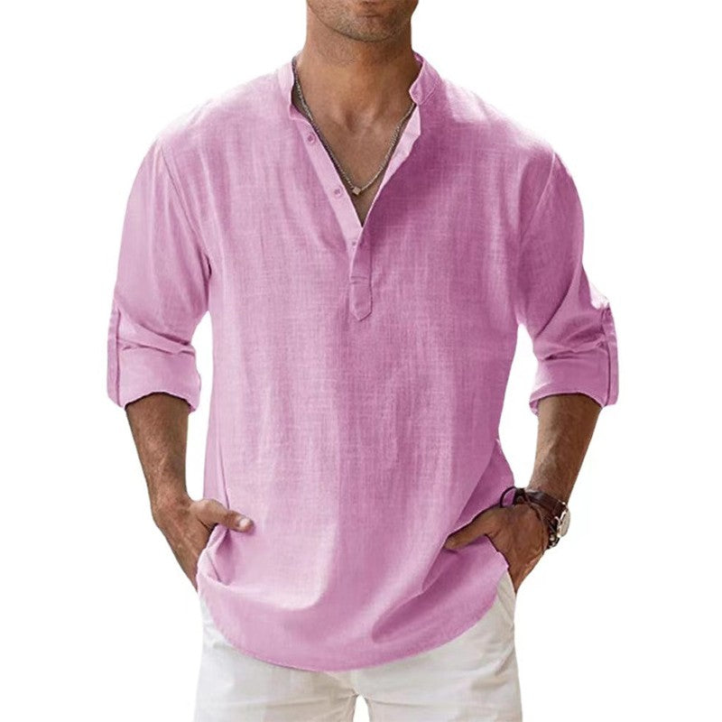 2023 New Men's Linen Long Sleeve Breathable Shirt Solid Color Casual  Basic Cotton Linen Shirt Tops  S-5XL